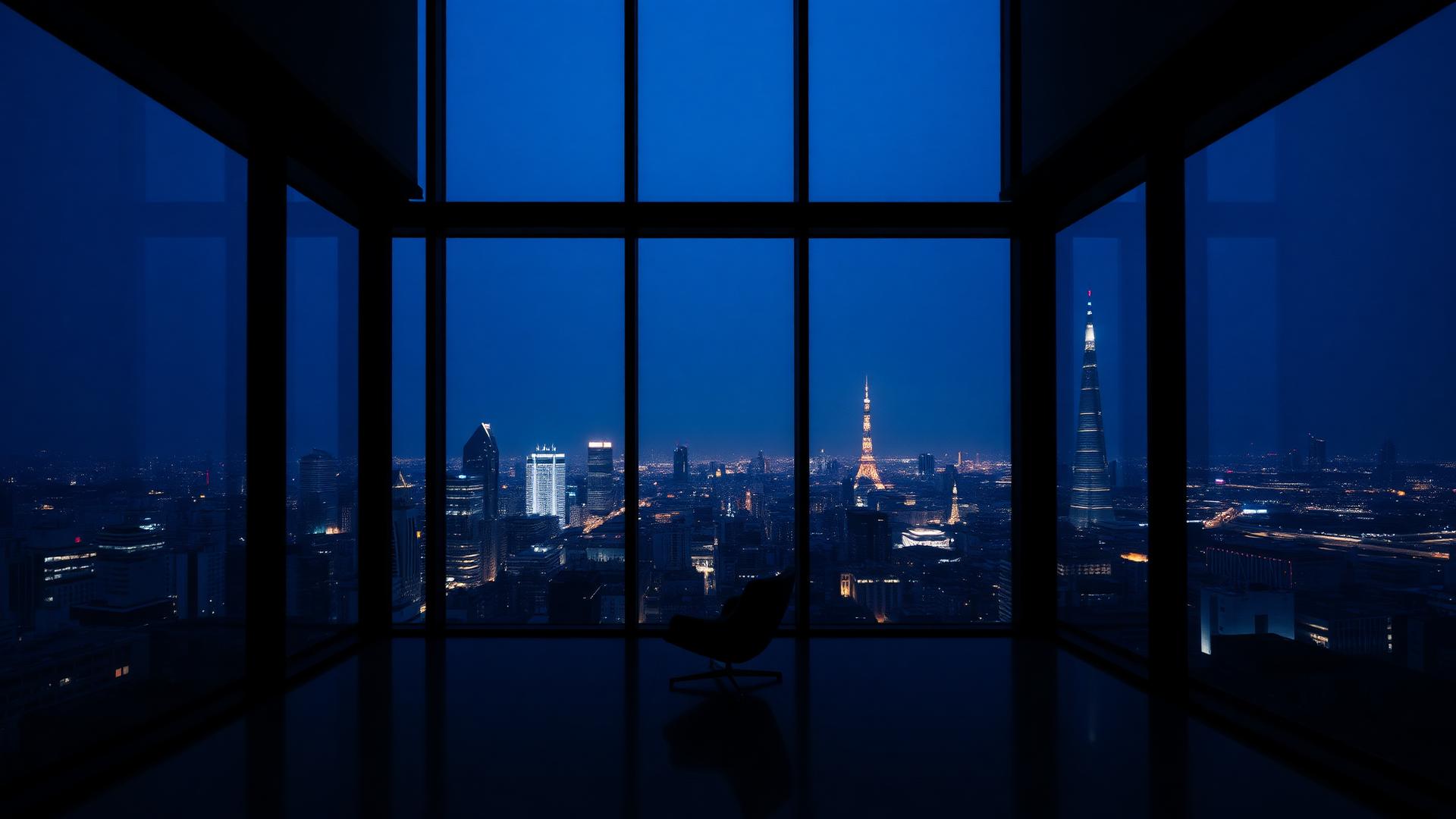 Tokyo night skyline framed by a luxury interior